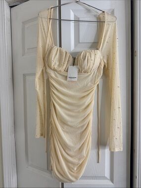 Cream Ruched Long-Sleeve Mini Dress
